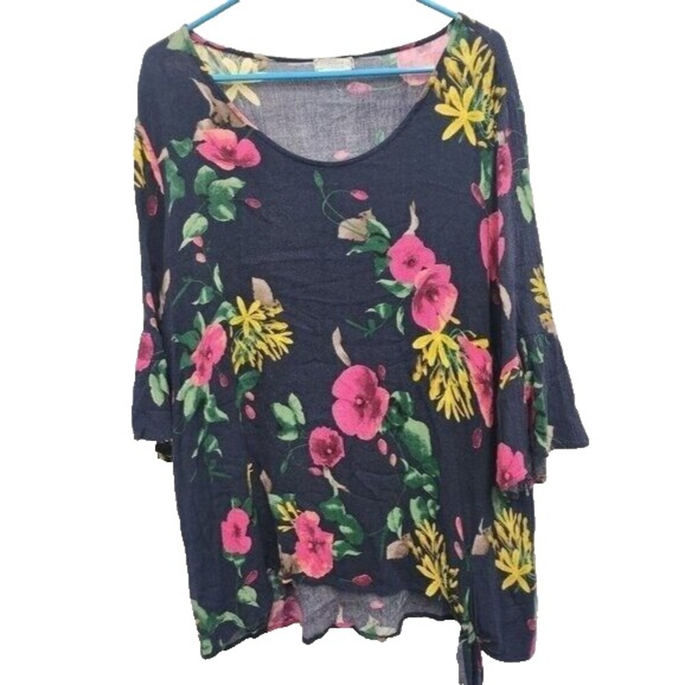 Oddy Womens BOHO Floral Blouse Top Size 1X Navy Bell Sleeve Tie Hem Festival